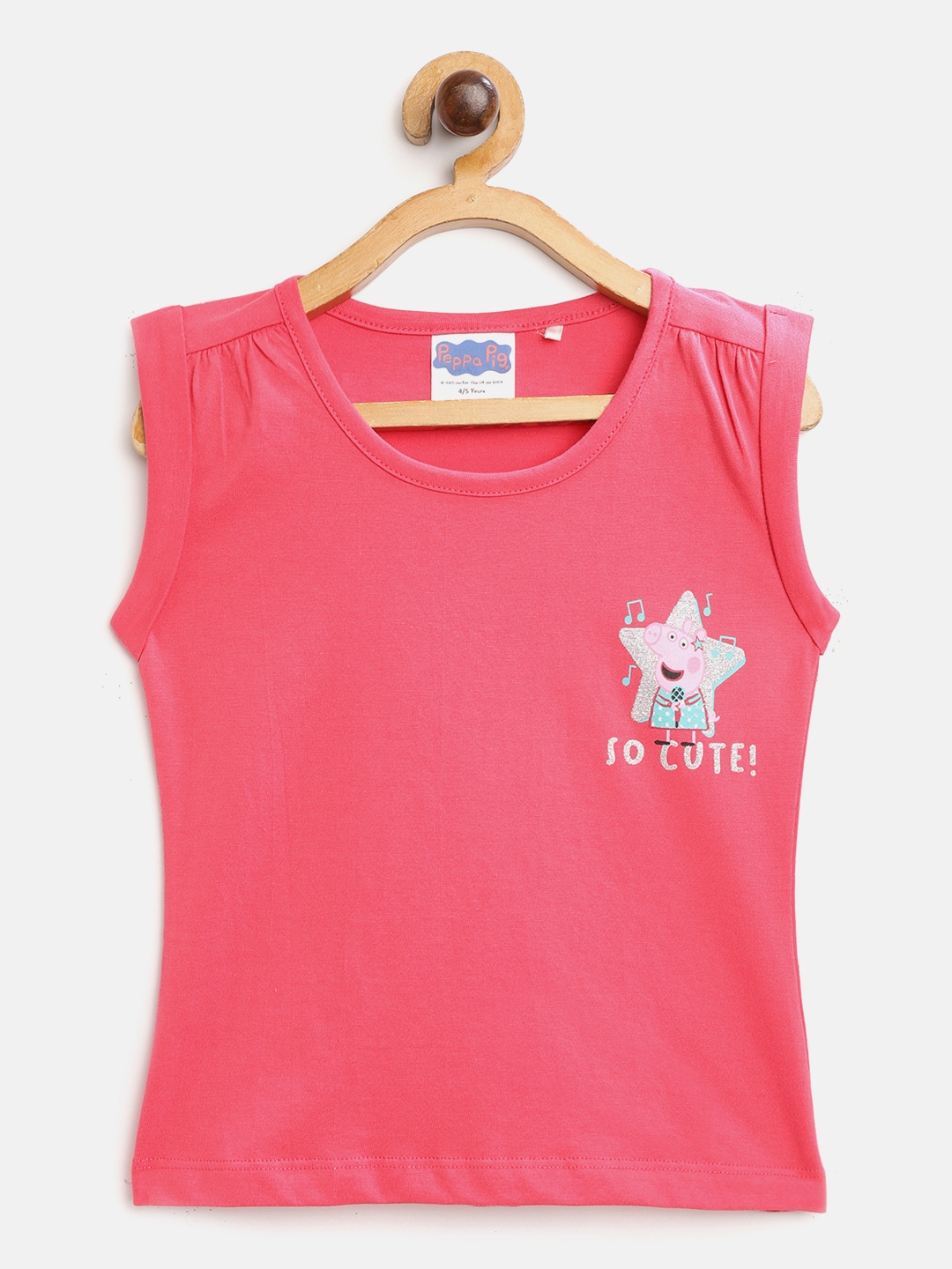 

toothless Girls Fuchsia Solid Round Neck Cotton T-shirt with Peppa Pig Print Detail