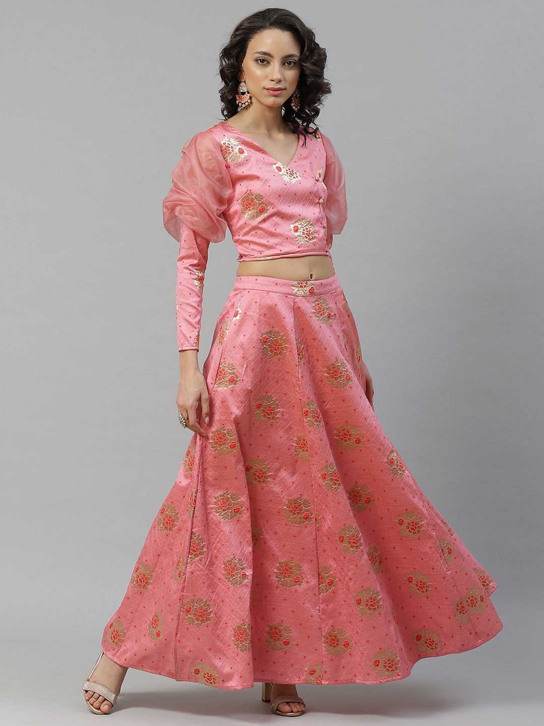 

flaher Pink & Golden Floral Woven Design Ready to Wear Lehenga with Blouse