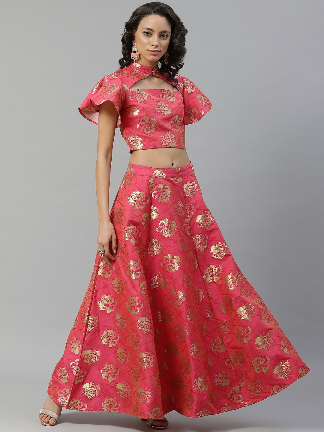 

flaher Pink & Golden Floral Woven Design Ready to Wear Lehenga with Blouse