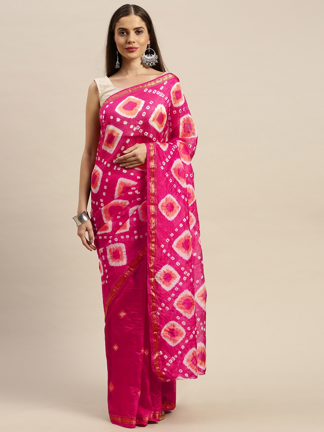 

Geroo Jaipur Hand Dyed Pink Bandhani Silk Saree