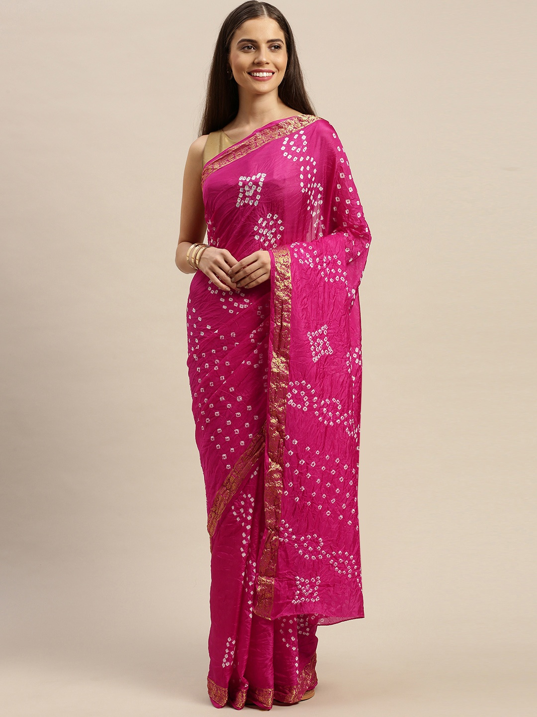 

Geroo Jaipur Hand Dyed Bandhani Silk Sustainable Saree, Magenta