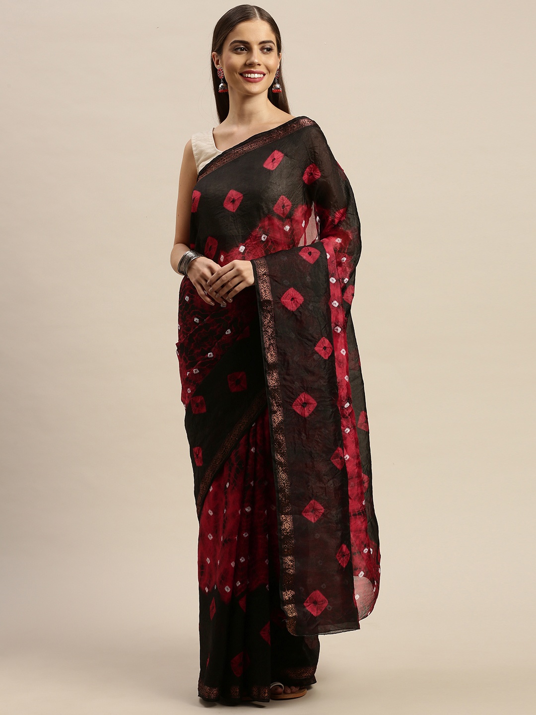 

Geroo Jaipur Hand Dyed Black & Red Bandhani Silk Saree