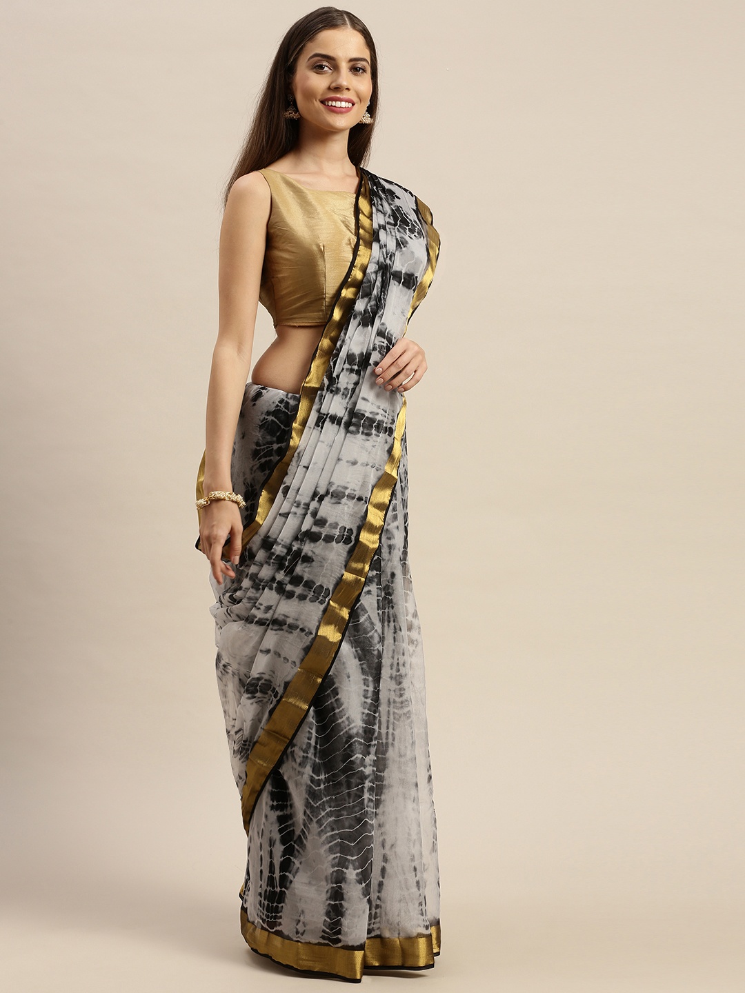 

Mitera Hand Dyed Black & Grey Bandhani Kota Silk Sustainable Sareee