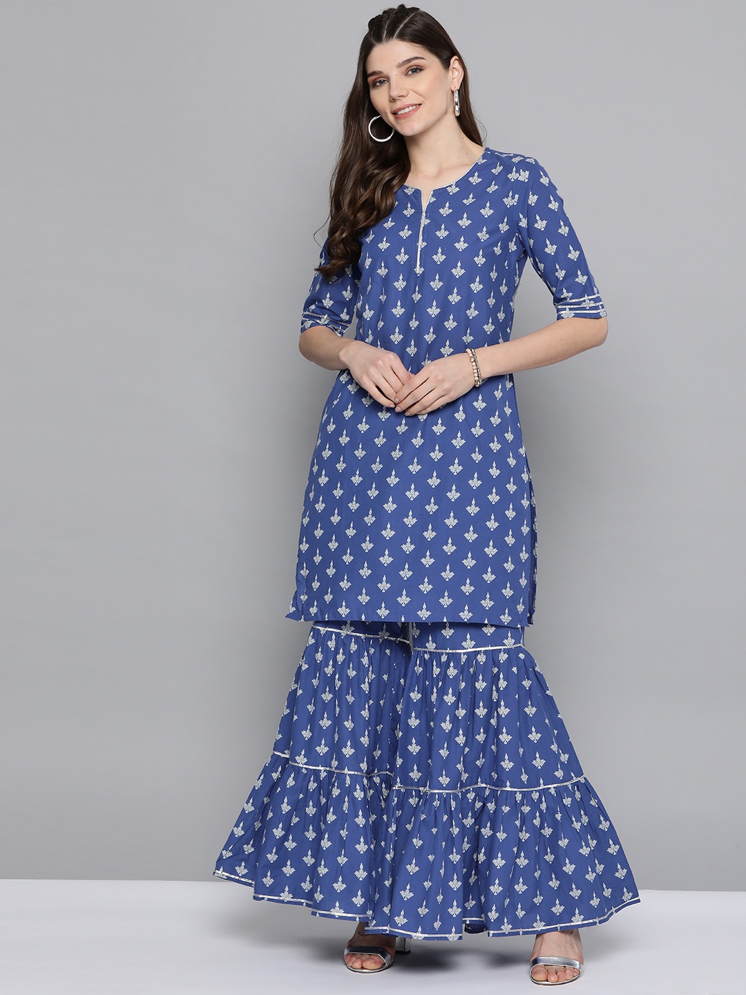 

HERE&NOW Women Blue & Off-White Ethnic Motifs Print Pure Cotton Kurta with Sharara