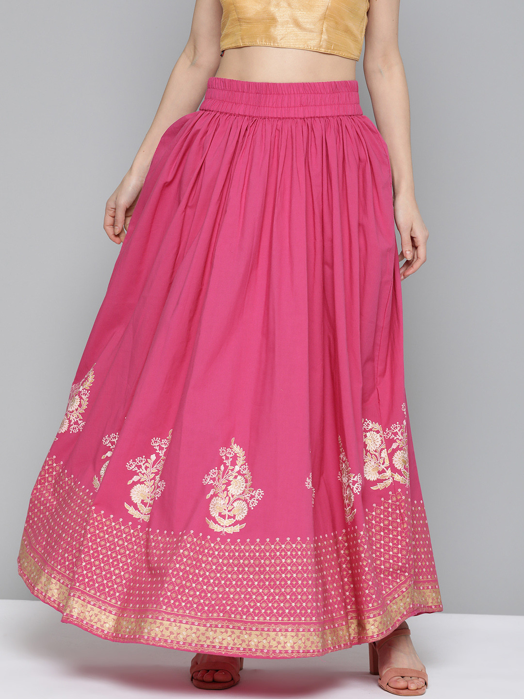 

HERE&NOW Pink & Golden Pure Cotton Printed Flared Maxi Skirt, Magenta