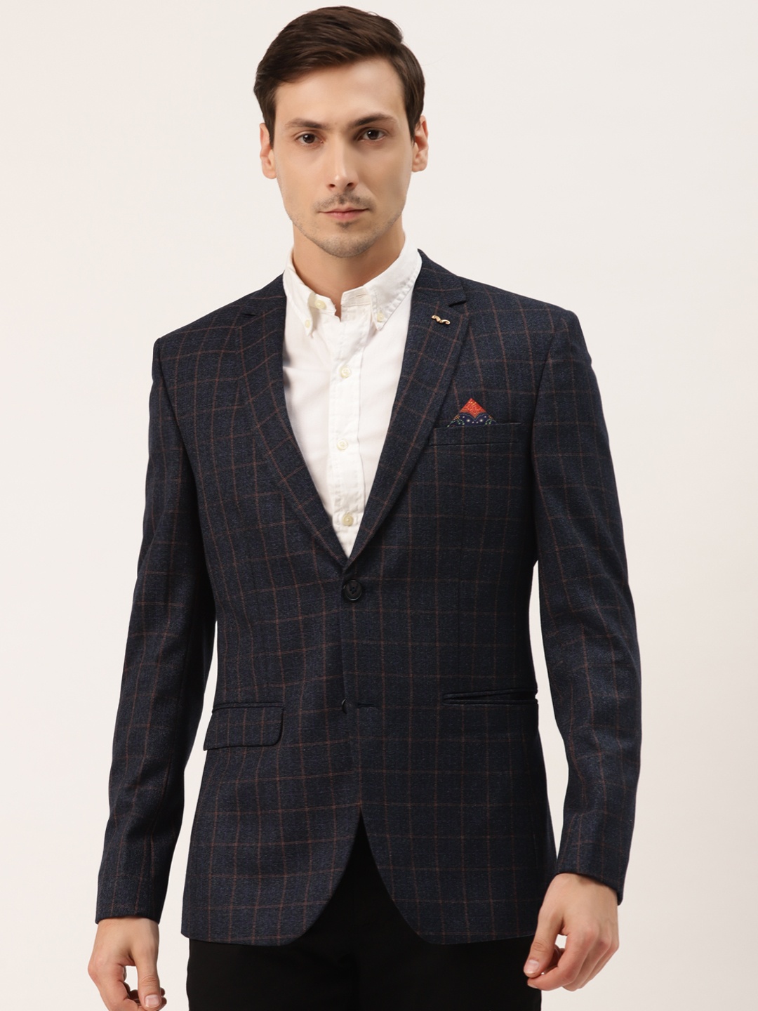 

Manyavar Men Navy Blue Regular Checked Single-Breasted Casual Blazer