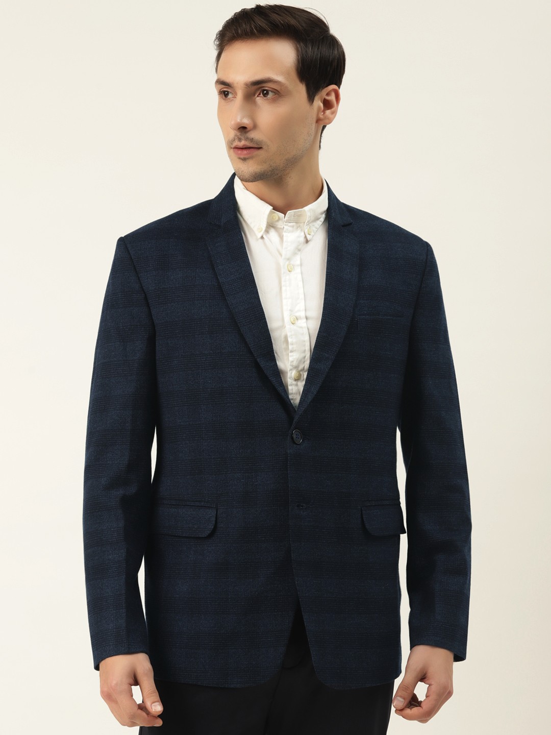 

Manyavar Men Navy Blue Regular Checked Single-Breasted Casual Blazer