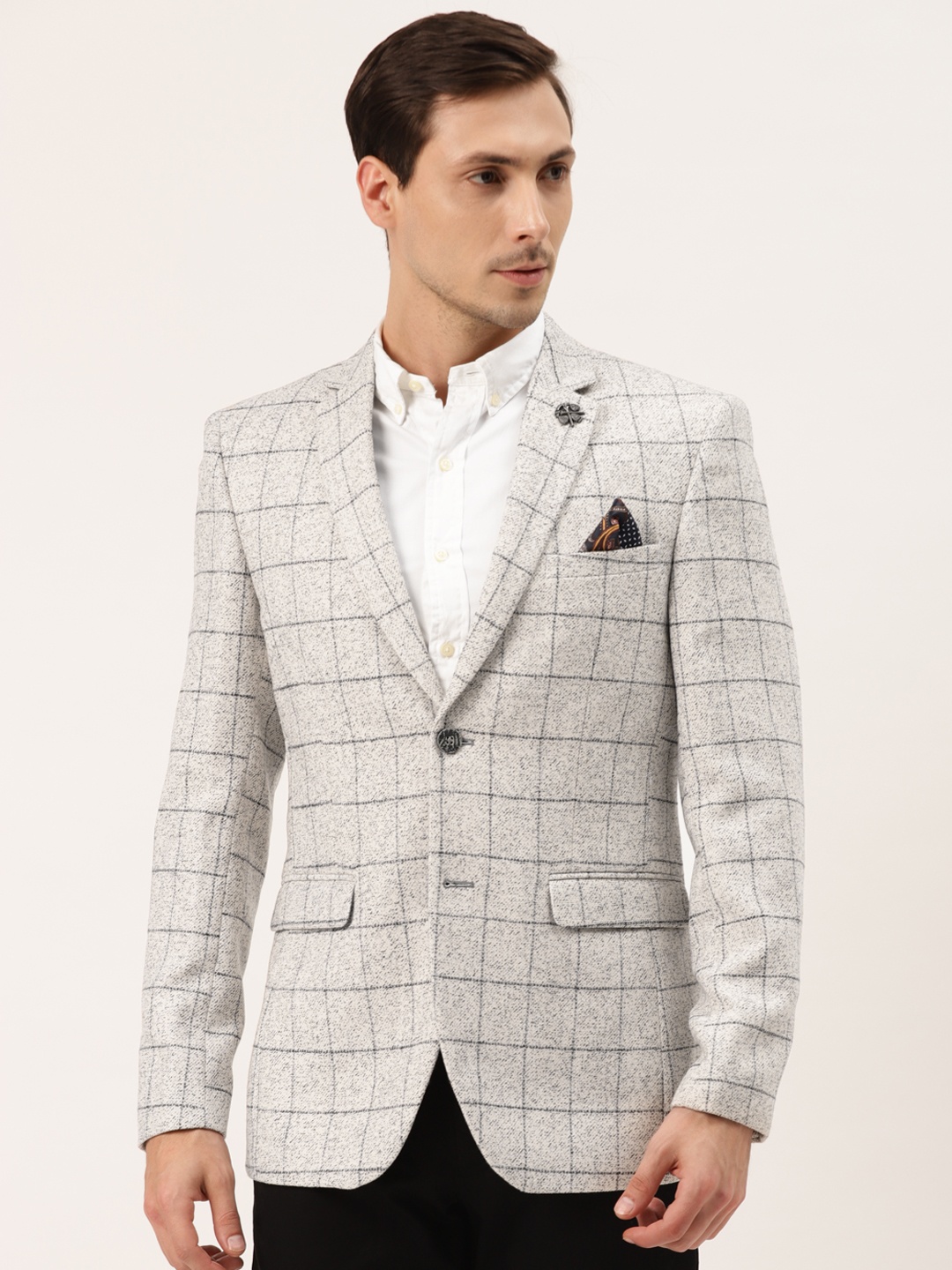 

Manyavar Men White & Black Checked Regular Fit Single-Breasted Party Blazer