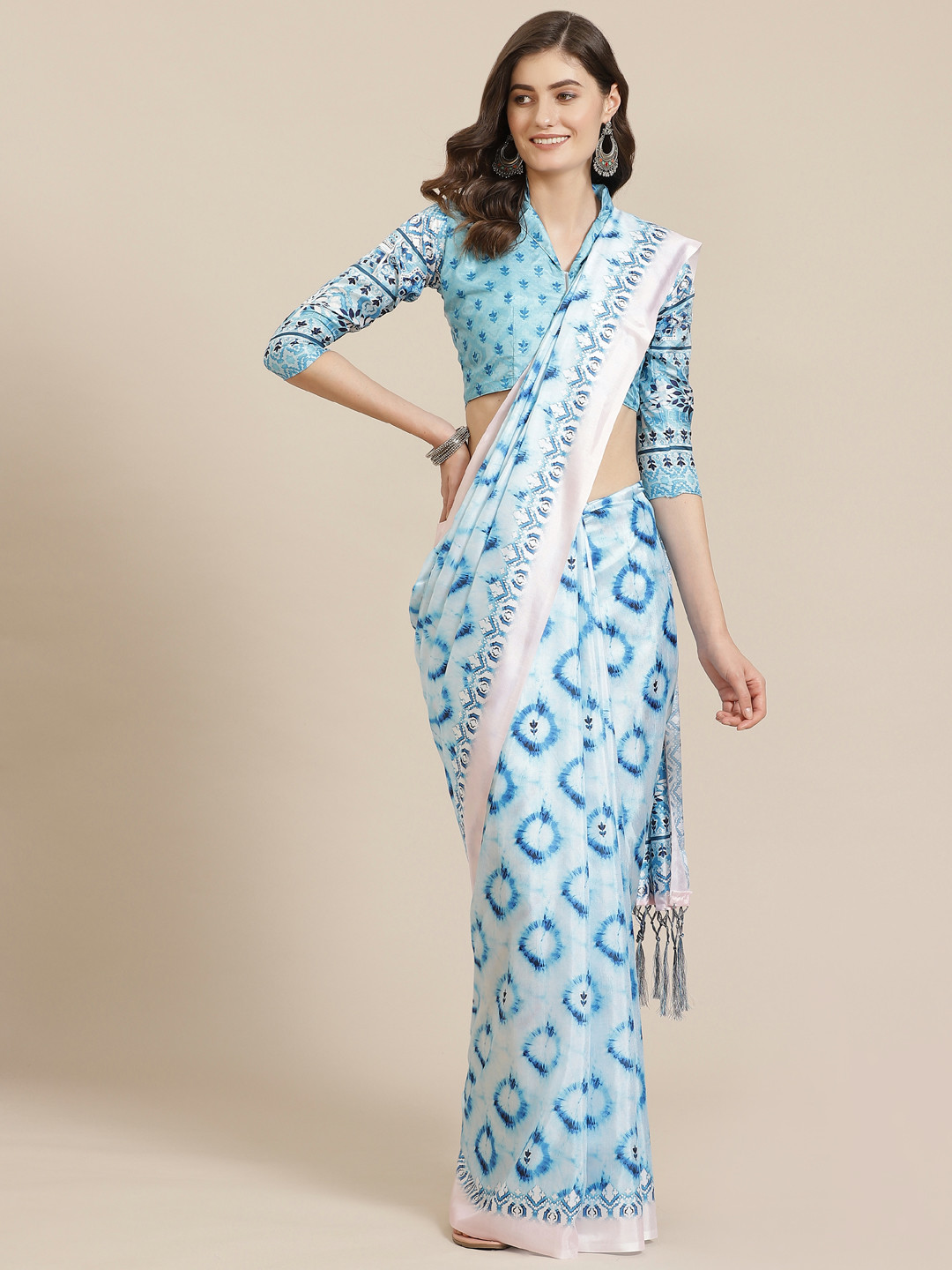 

Mitera Blue Printed Bagru Saree