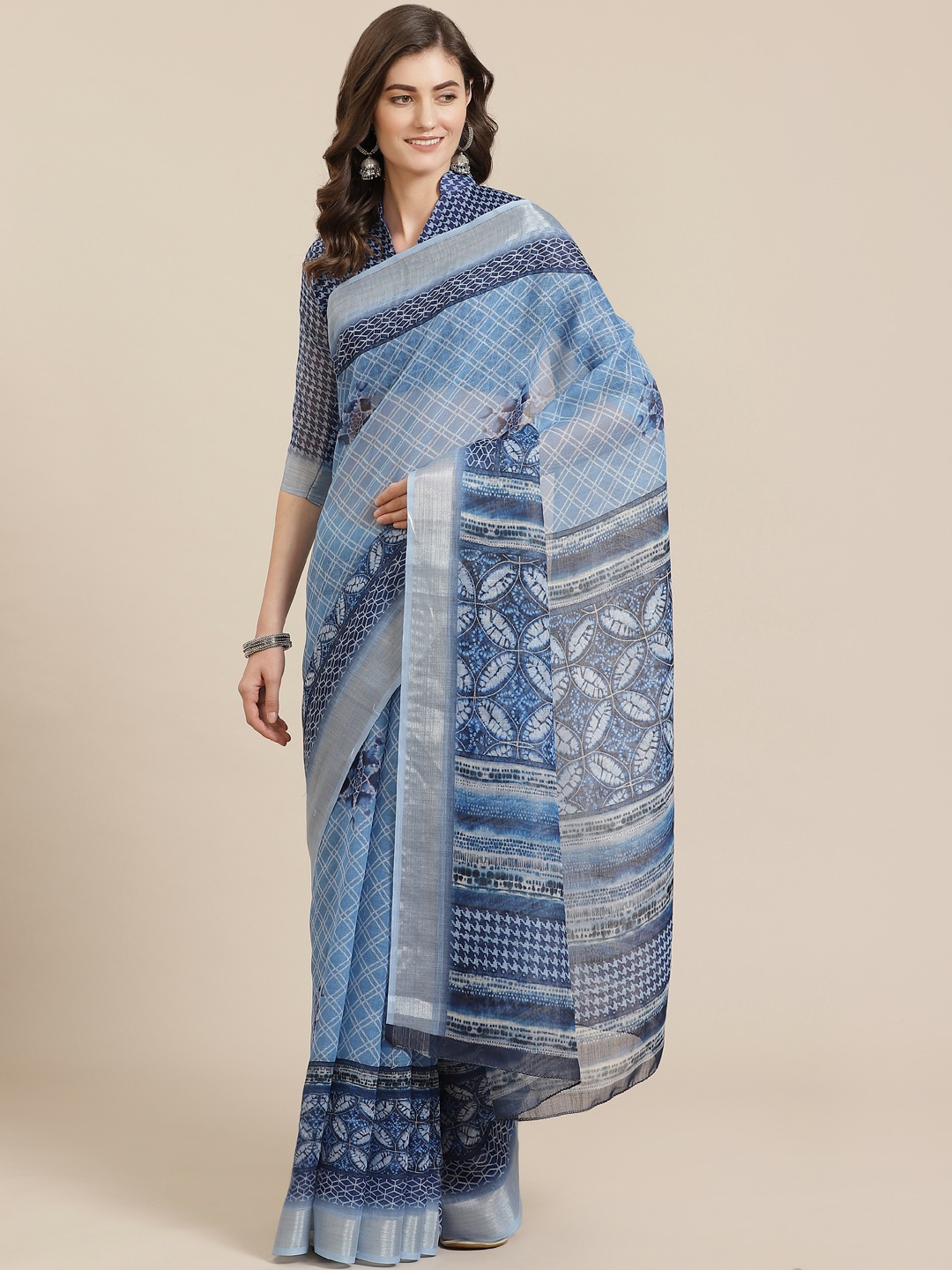 

Mitera Blue Printed Block Print Saree