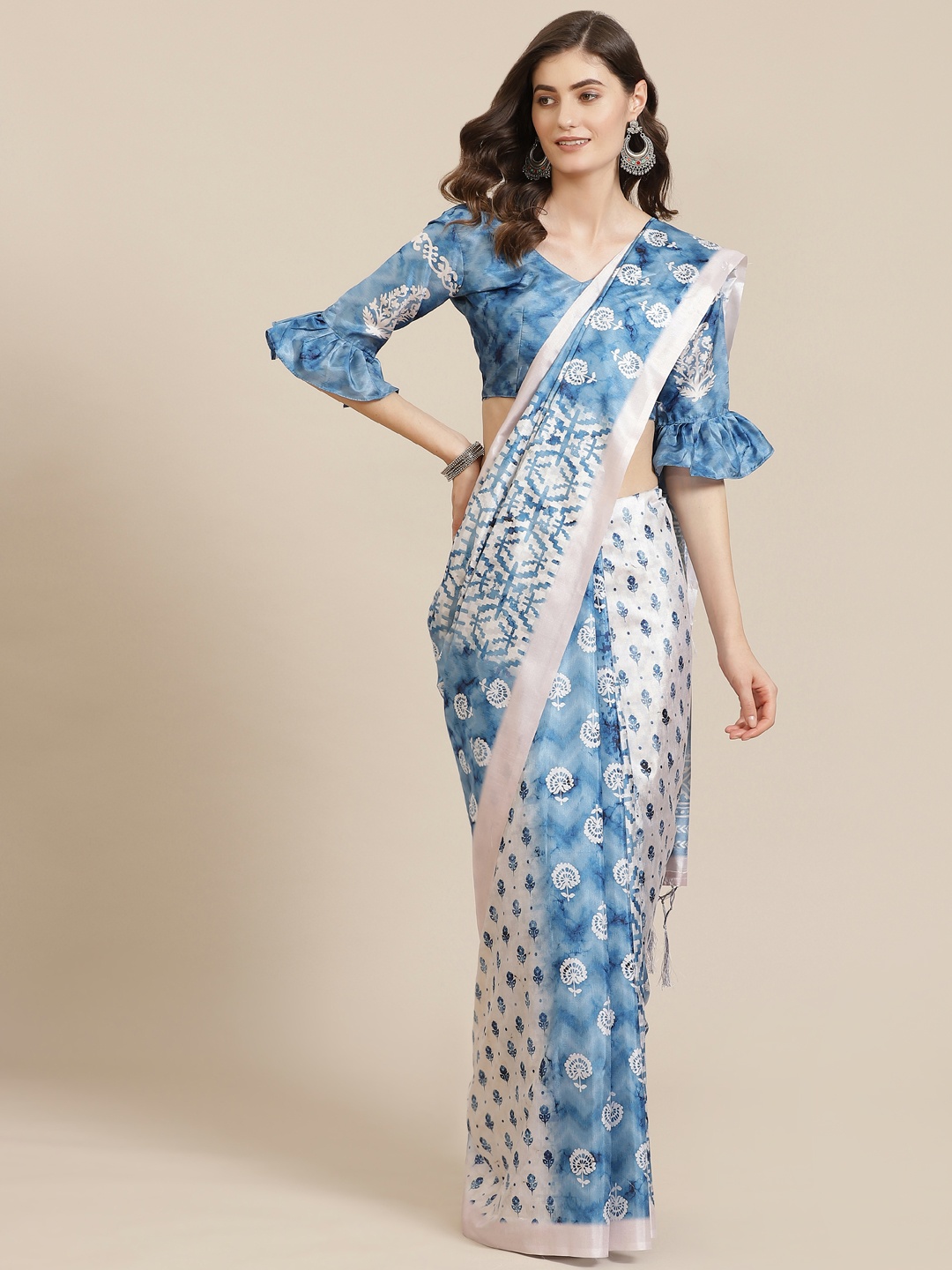 

Mitera Blue & White Printed Bagru Saree