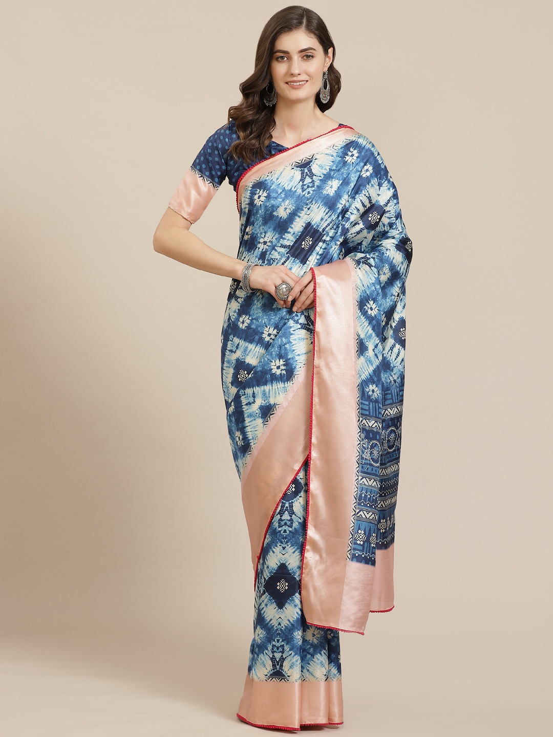 

Saree mall Blue & White Satin Finish Printed Bandhani Saree