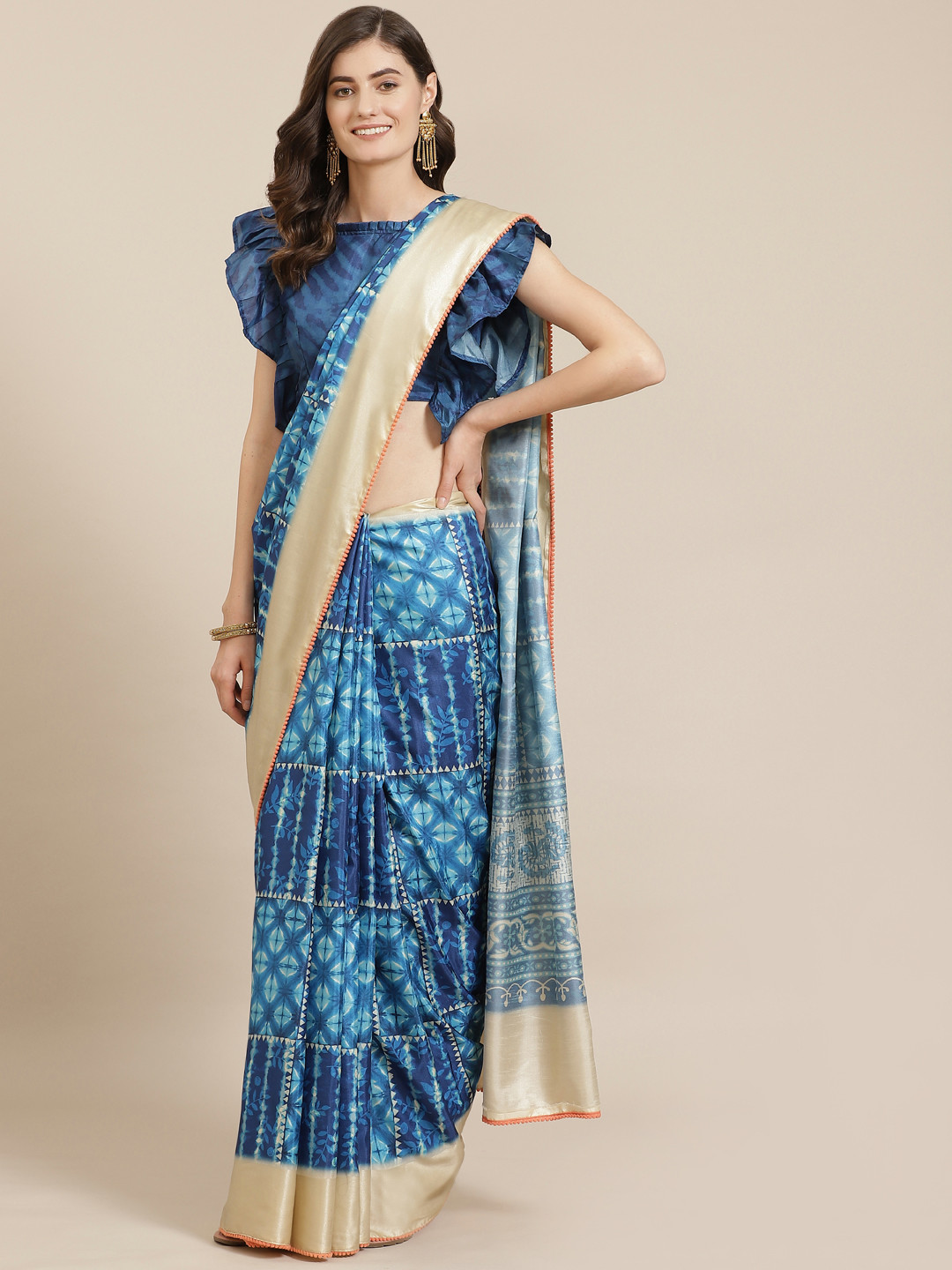 

Saree mall Blue Satin Finish Block Print Saree
