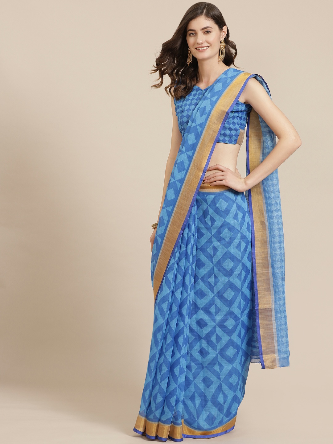 

Saree mall Blue Poly Cotton Printed Bagru Saree