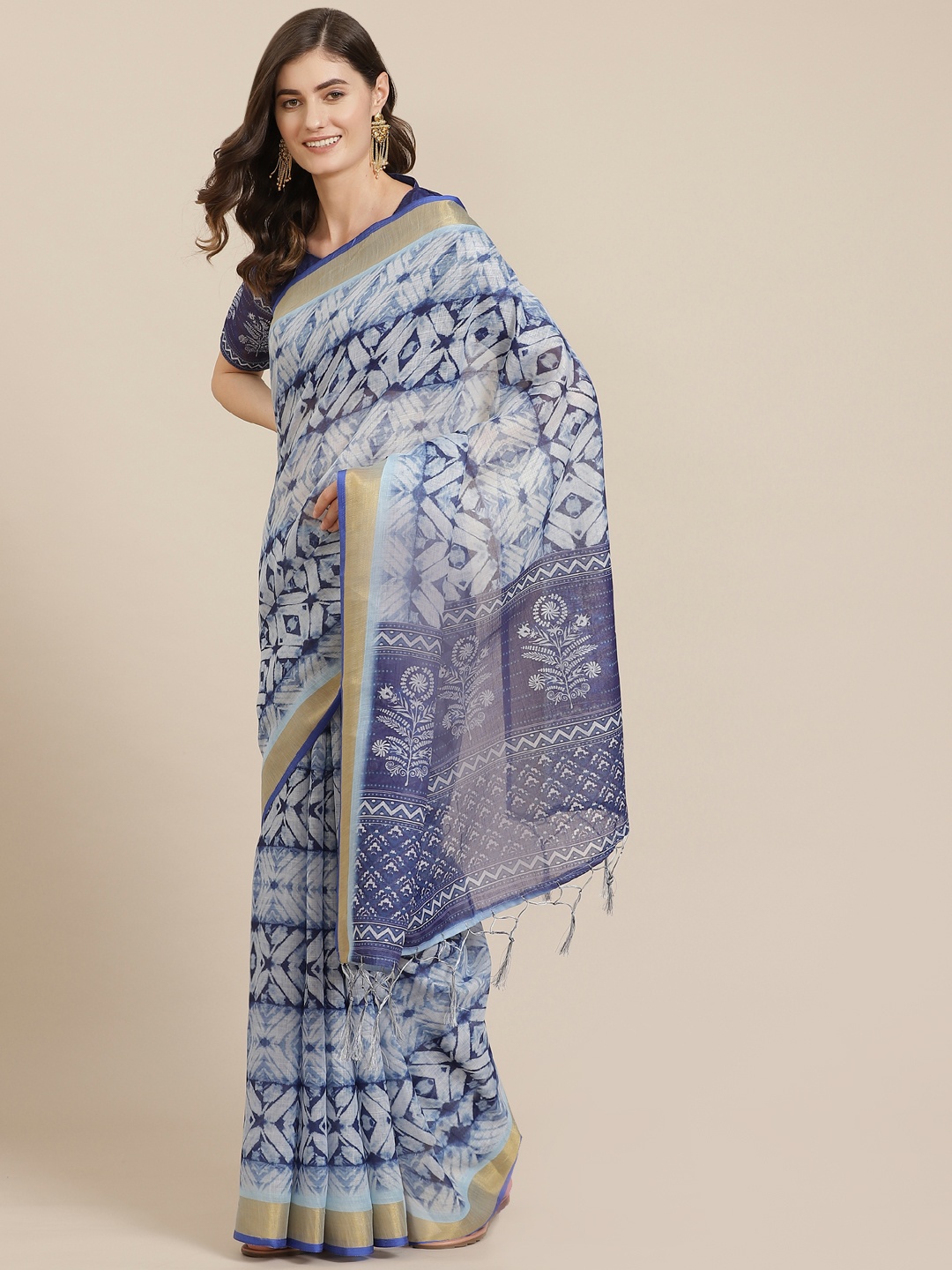 

Saree mall Off-White & Navy Blue Printed Bandhani Saree