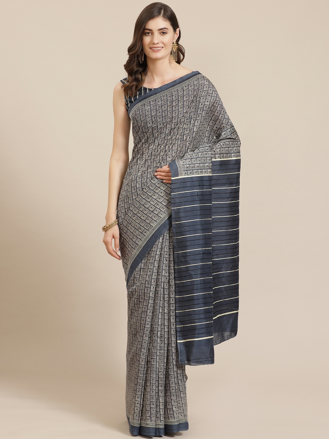 

Saree mall Grey & Teal Blue Printed Block Print Saree