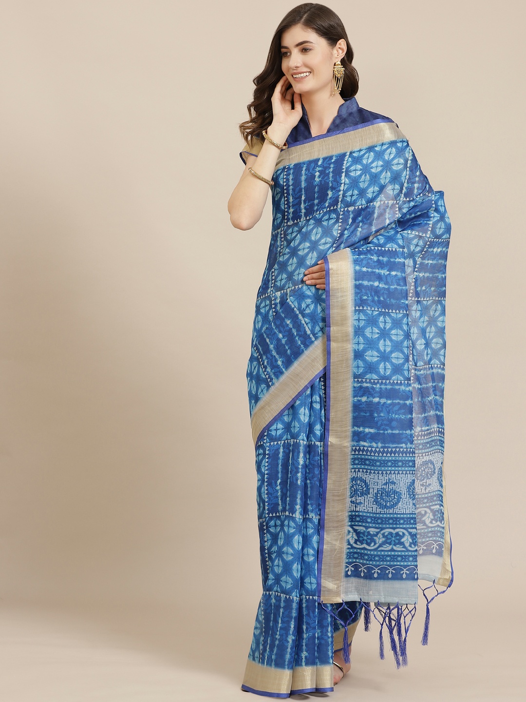 

Saree mall Blue Block Print Saree