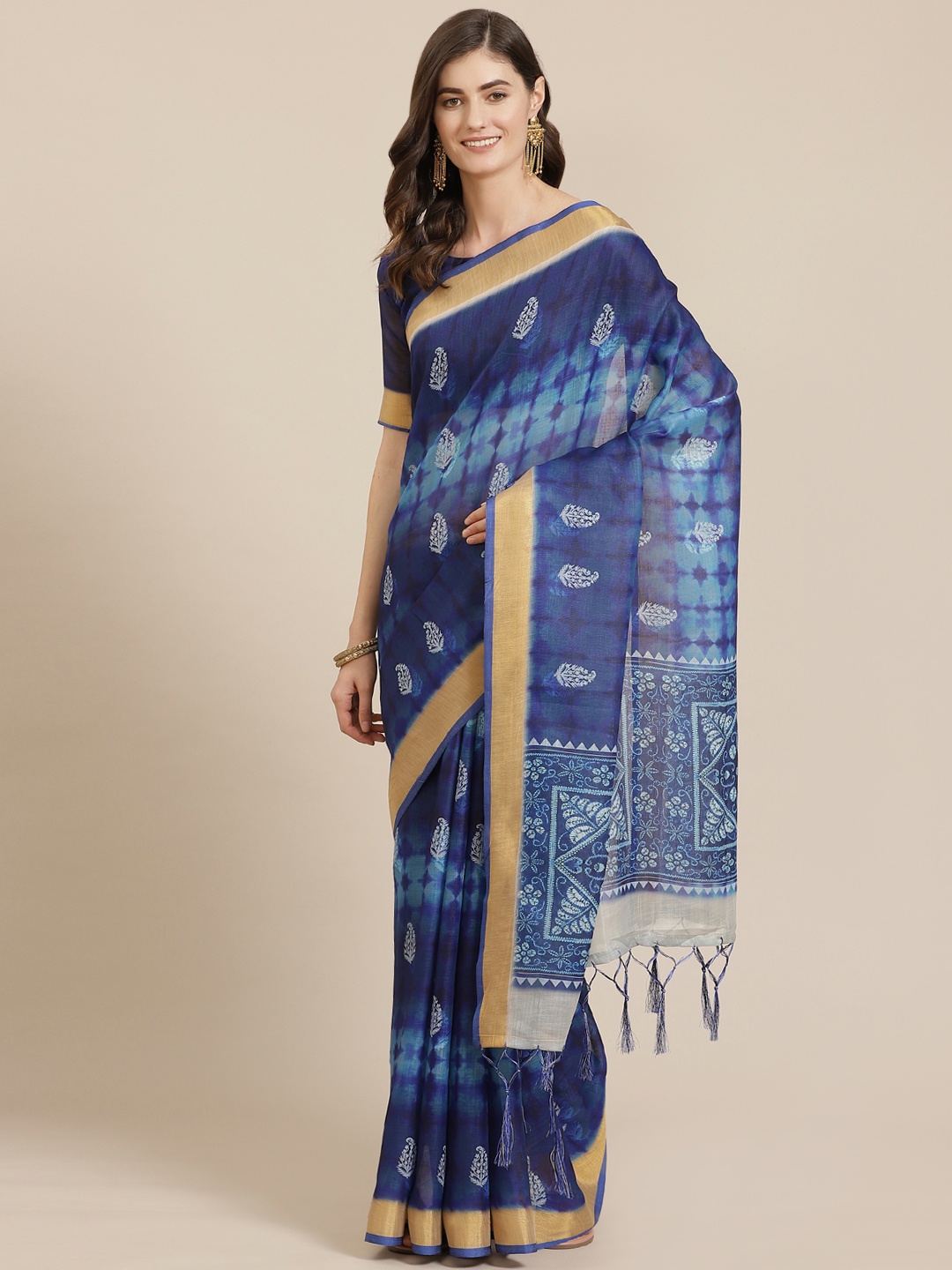 

Saree mall Navy Blue Printed Bagru Saree