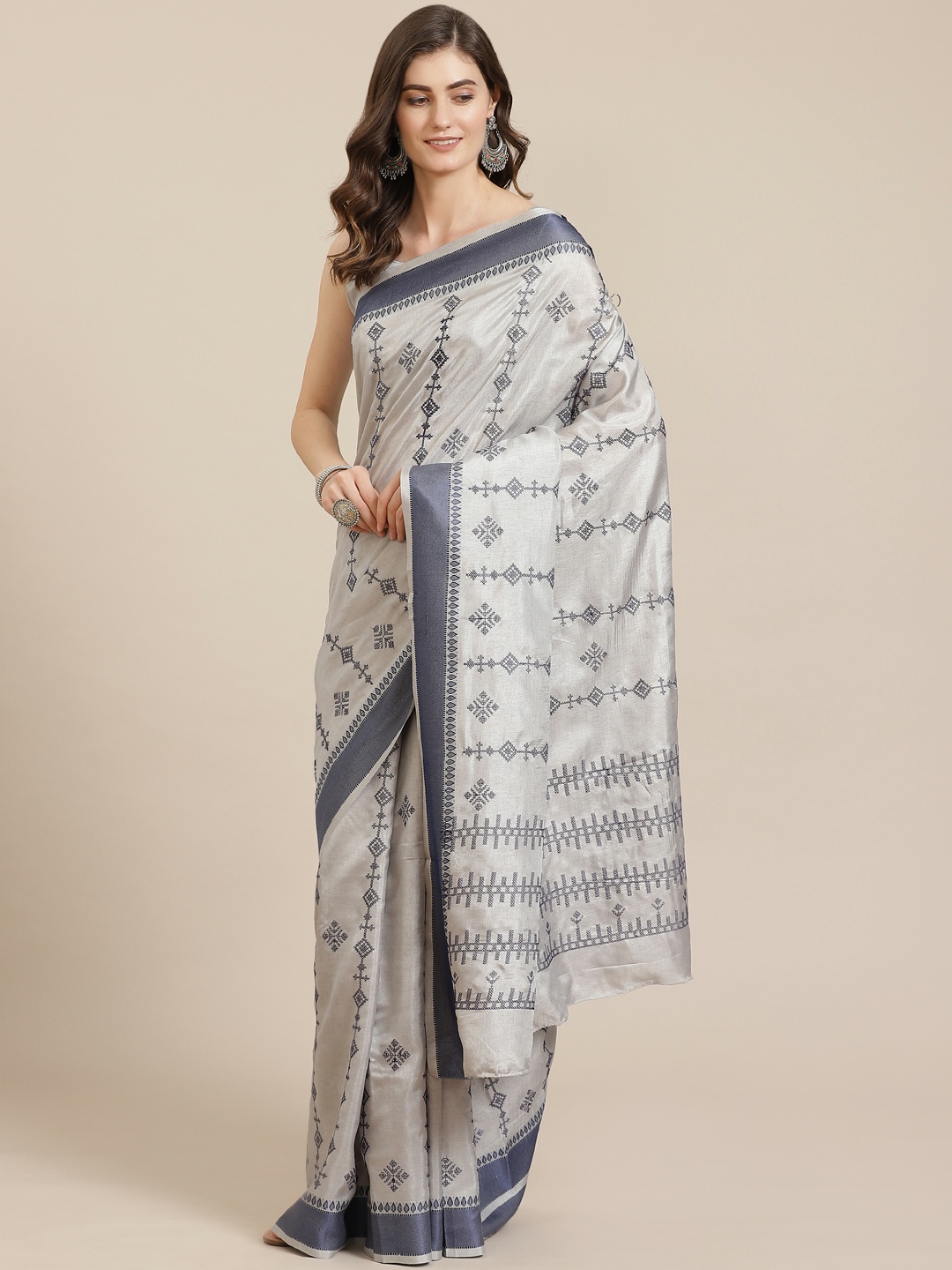 

Saree mall Grey & Blue Geometric Patterned Block Print Saree
