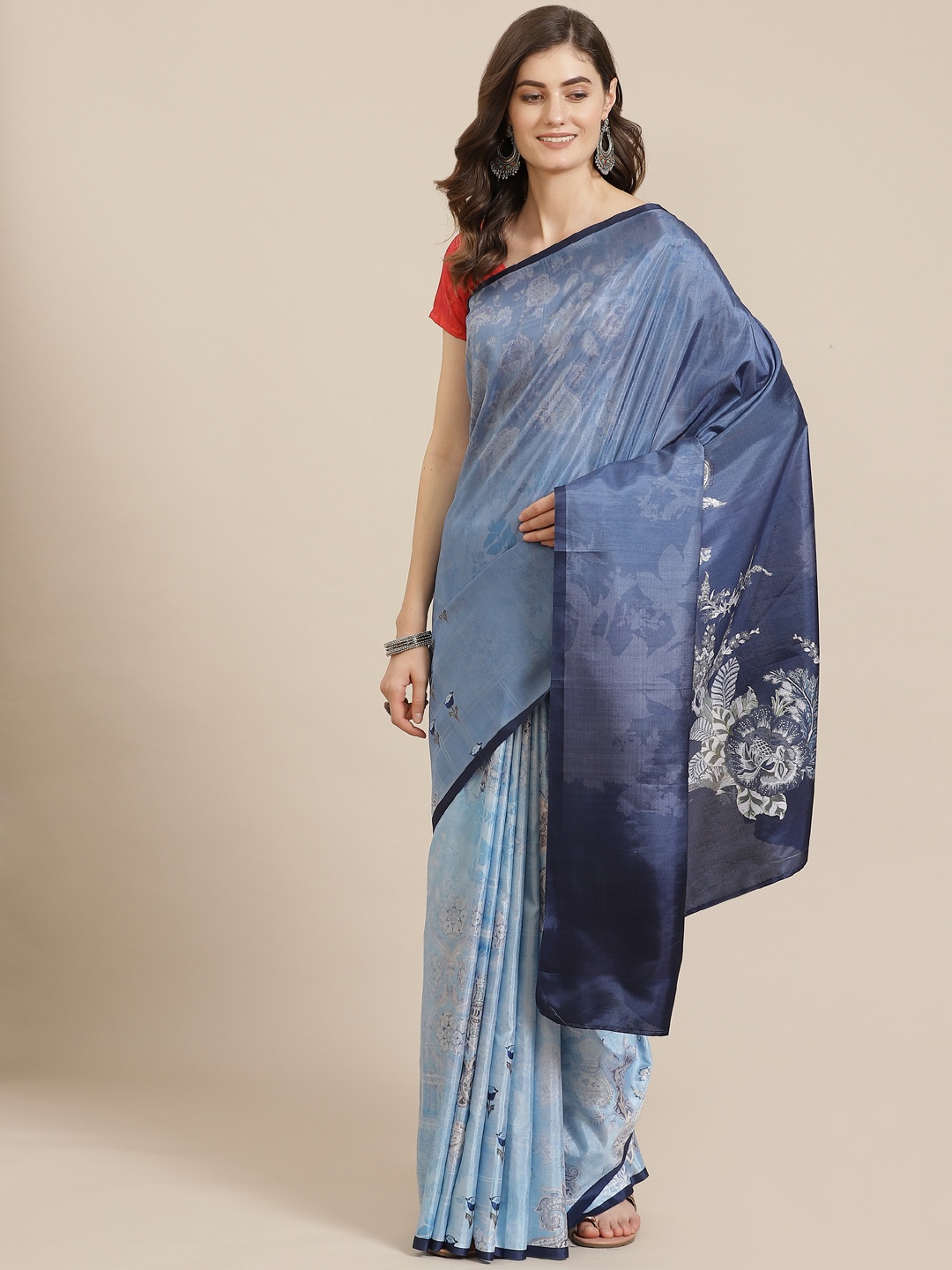 

Saree mall Blue & Red Floral Print Muga Saree