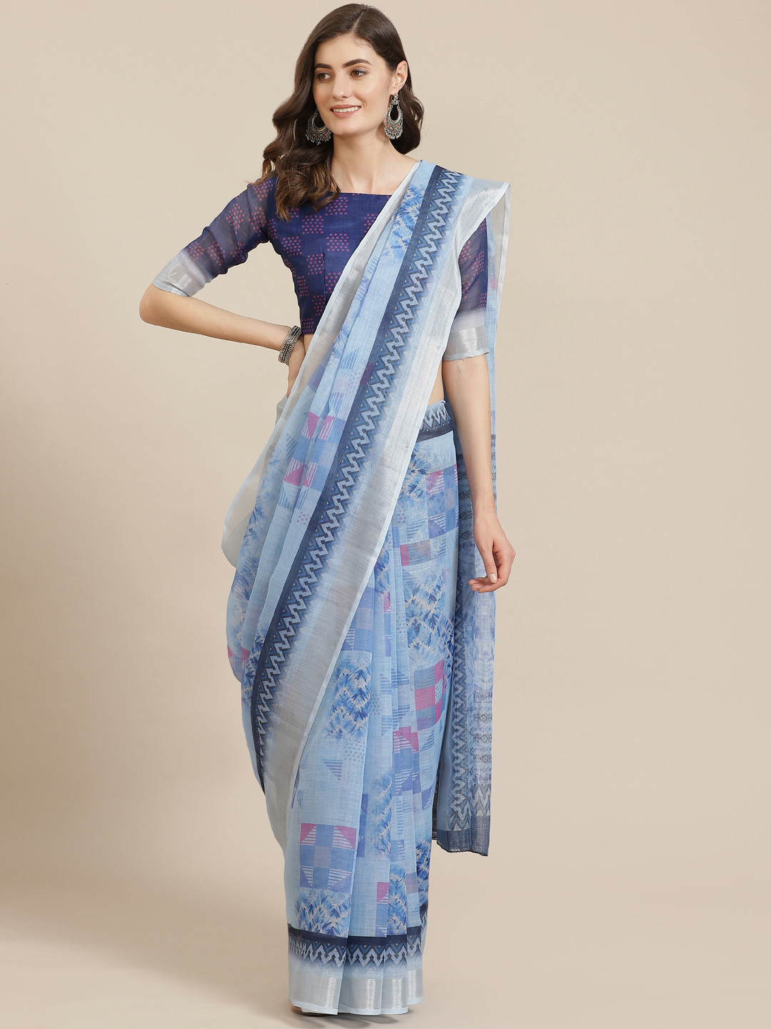 

Saree mall Blue & Pink Block Print Saree