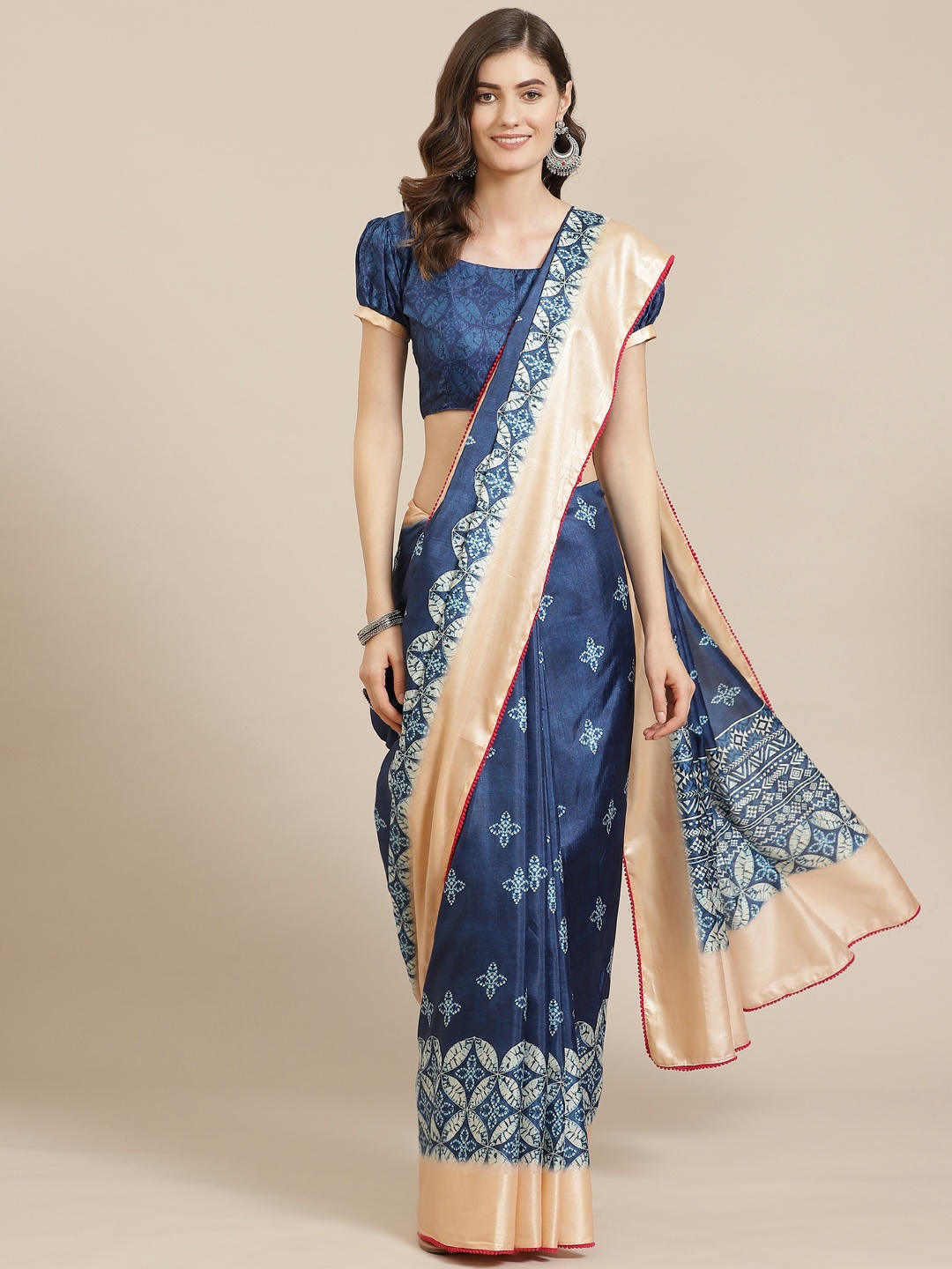 

Saree mall Navy Blue Satin Finish Printed Saree