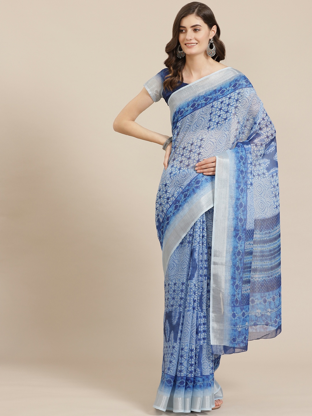 

Saree mall Blue & White Block Print Saree