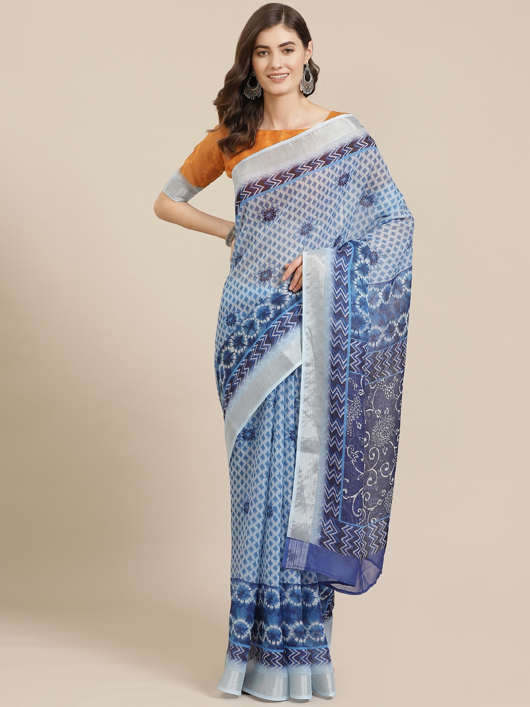 

Saree mall Blue & Mustard Yellow Geometric Printed Pochampally Saree