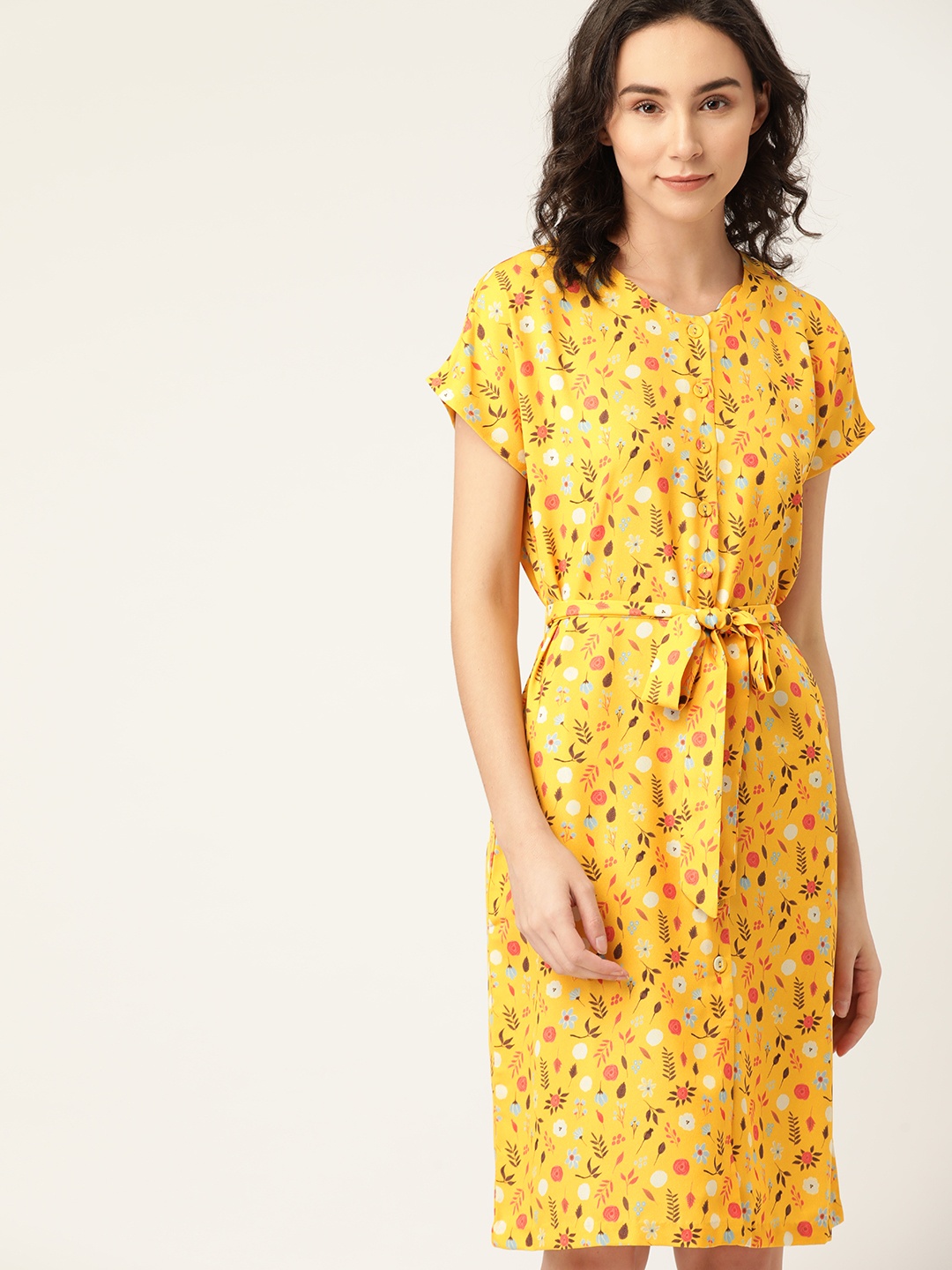 

ether Women Yellow Floral Print Shift Dress