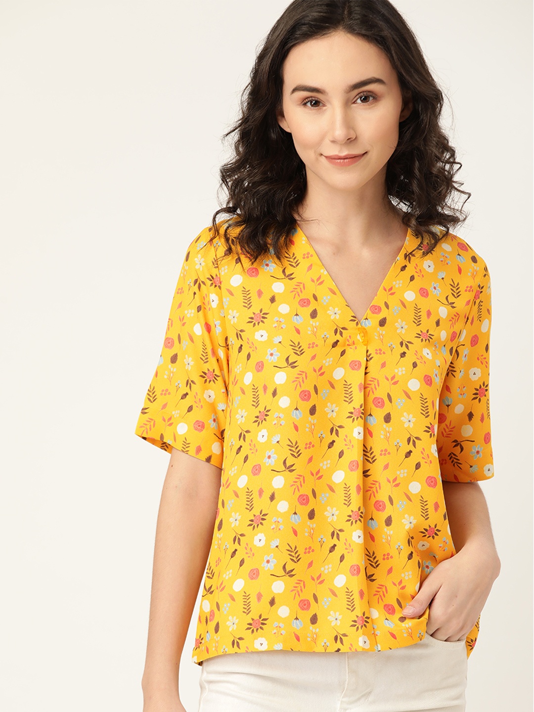 

ether Women Yellow & Brown Floral Print Regular Top