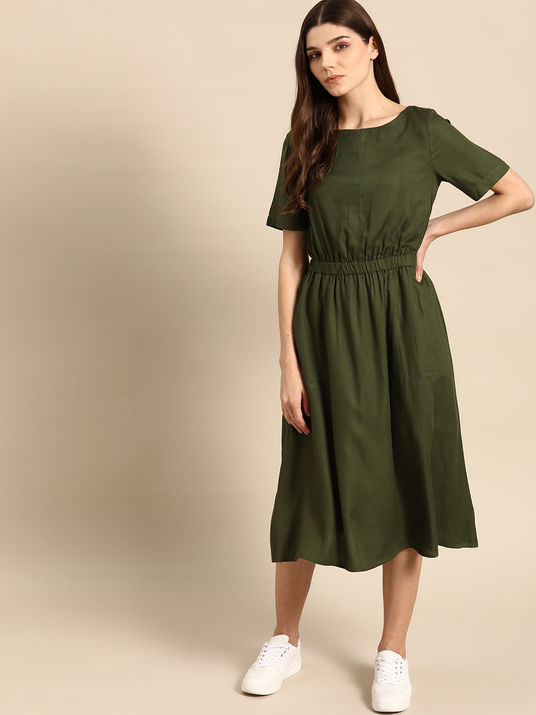 

ether Women Olive Green Solid A-Line Dress