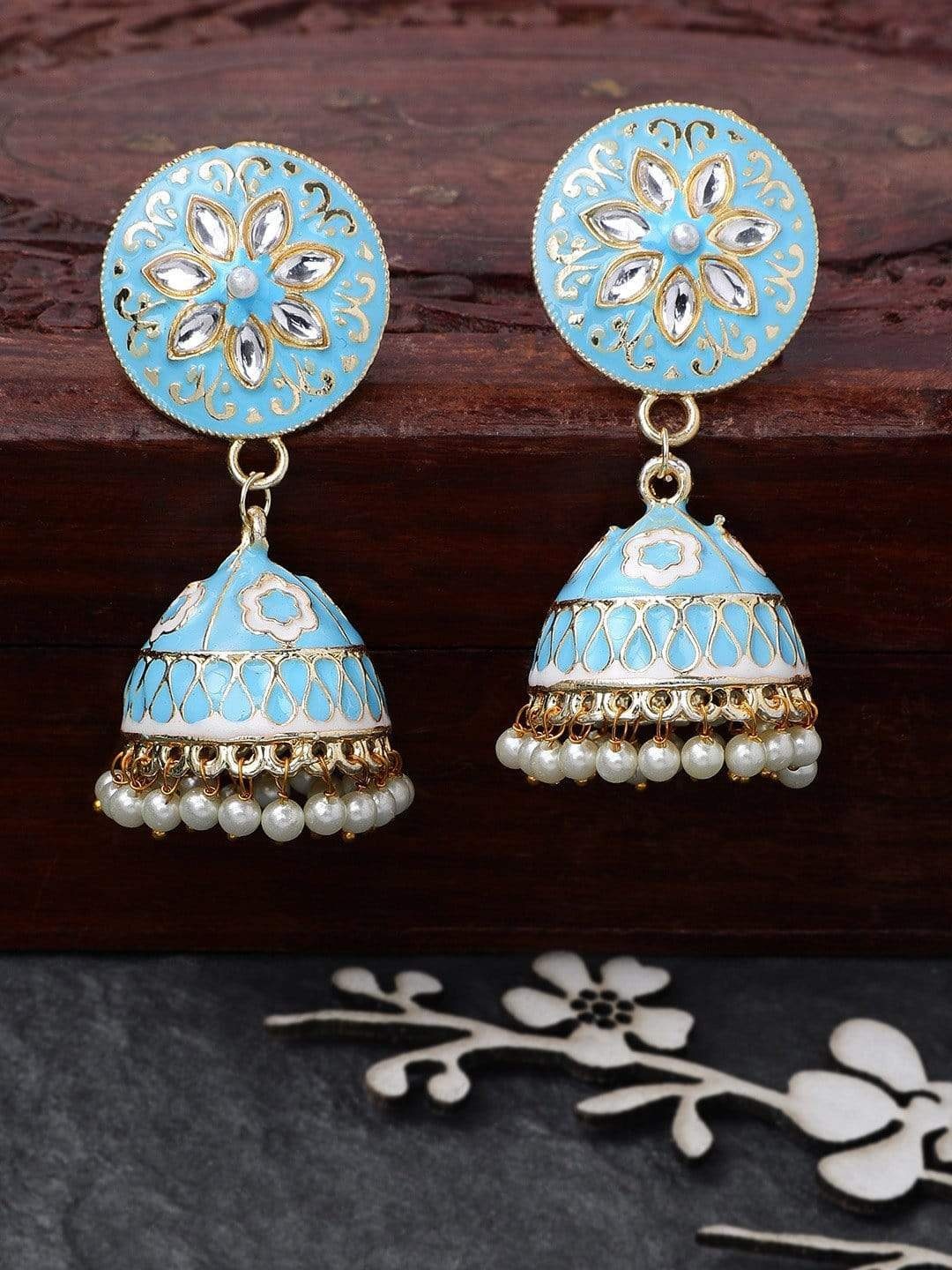 

Rubans Blue Gold-Plated Dome Shaped Handpainted Jhumkas