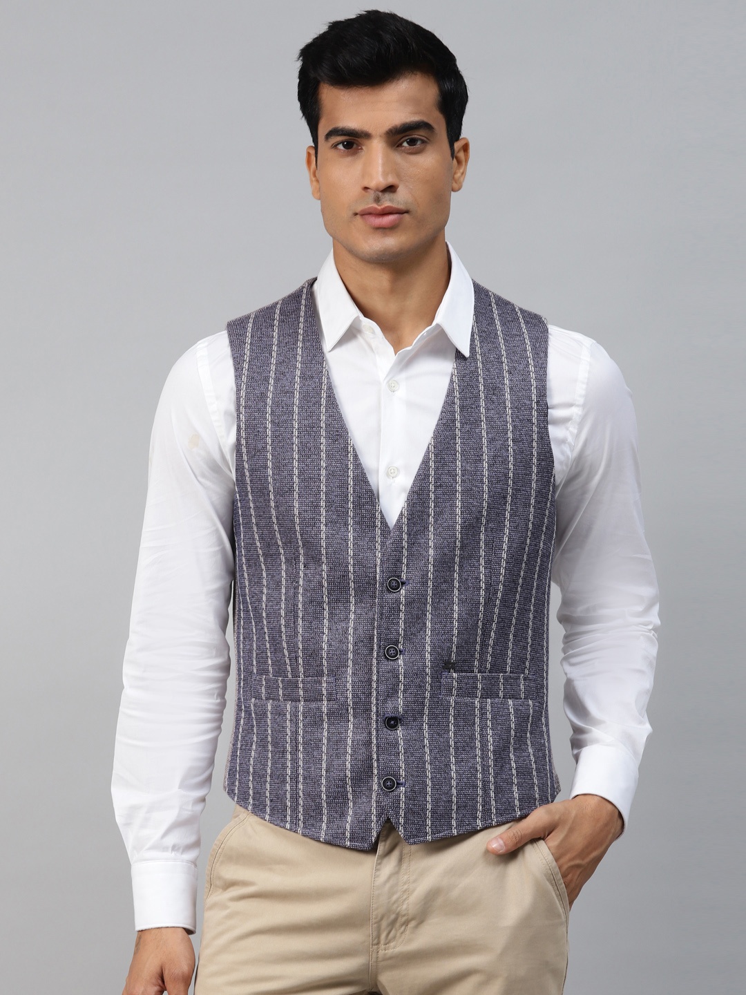 

Blackberrys Men Navy Blue & White Striped Slim Fit Waistcoat