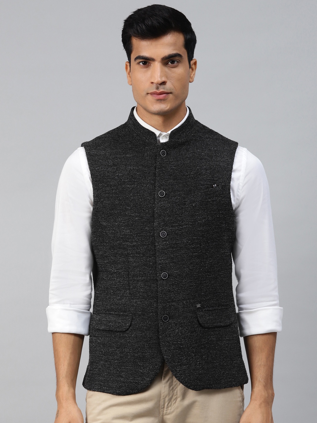 

Blackberrys Men Charcoal Grey Woven Design Slim Fit Nehru Jacket