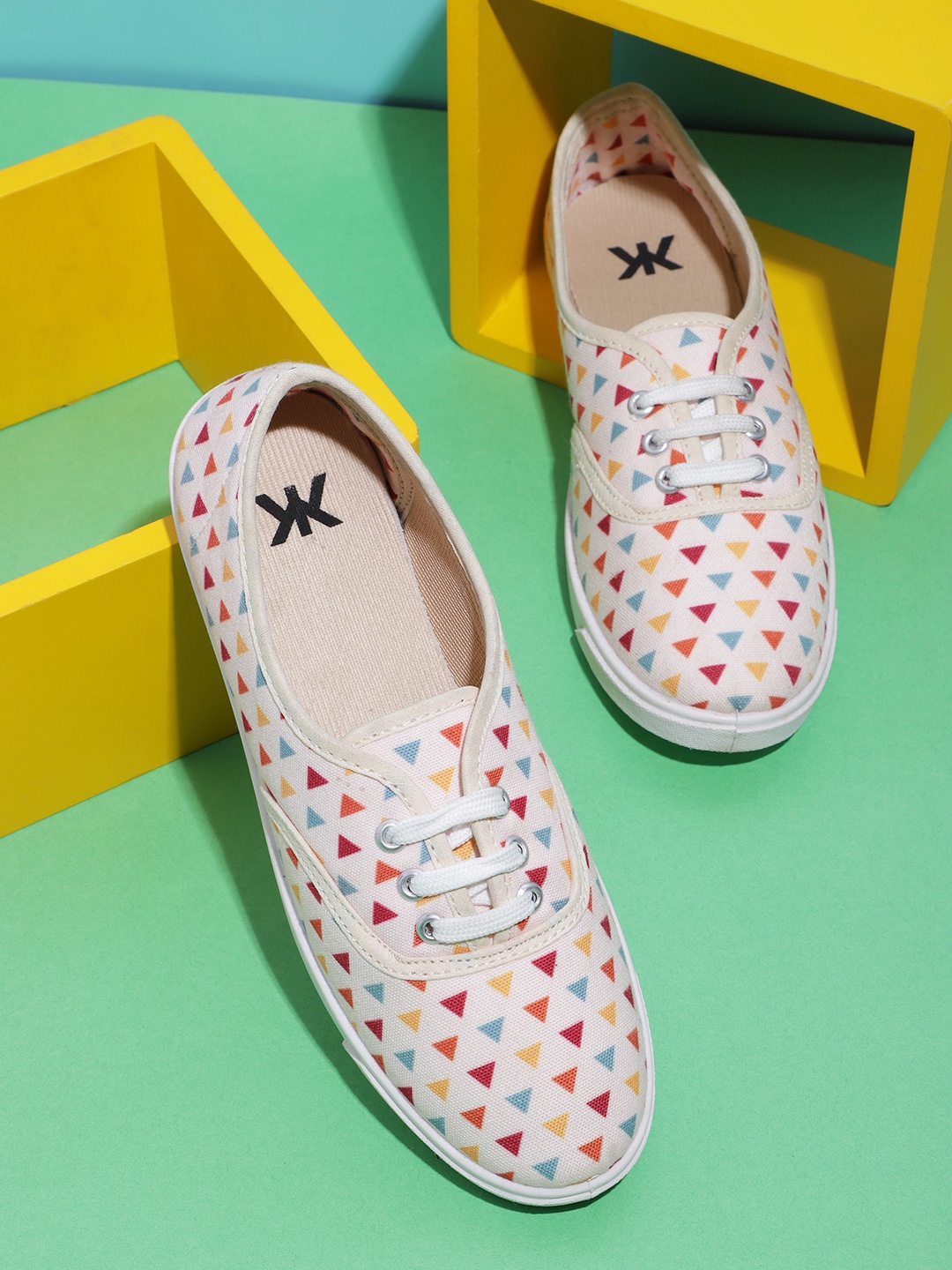 

Kook N Keech Women Peach-Coloured & Yellow Geometric Print Sneakers
