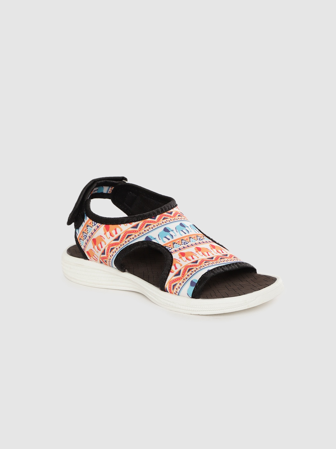 

Kook N Keech Women White & Orange Ethnic Motifs Print Sports Sandals with Cut-Out Detail