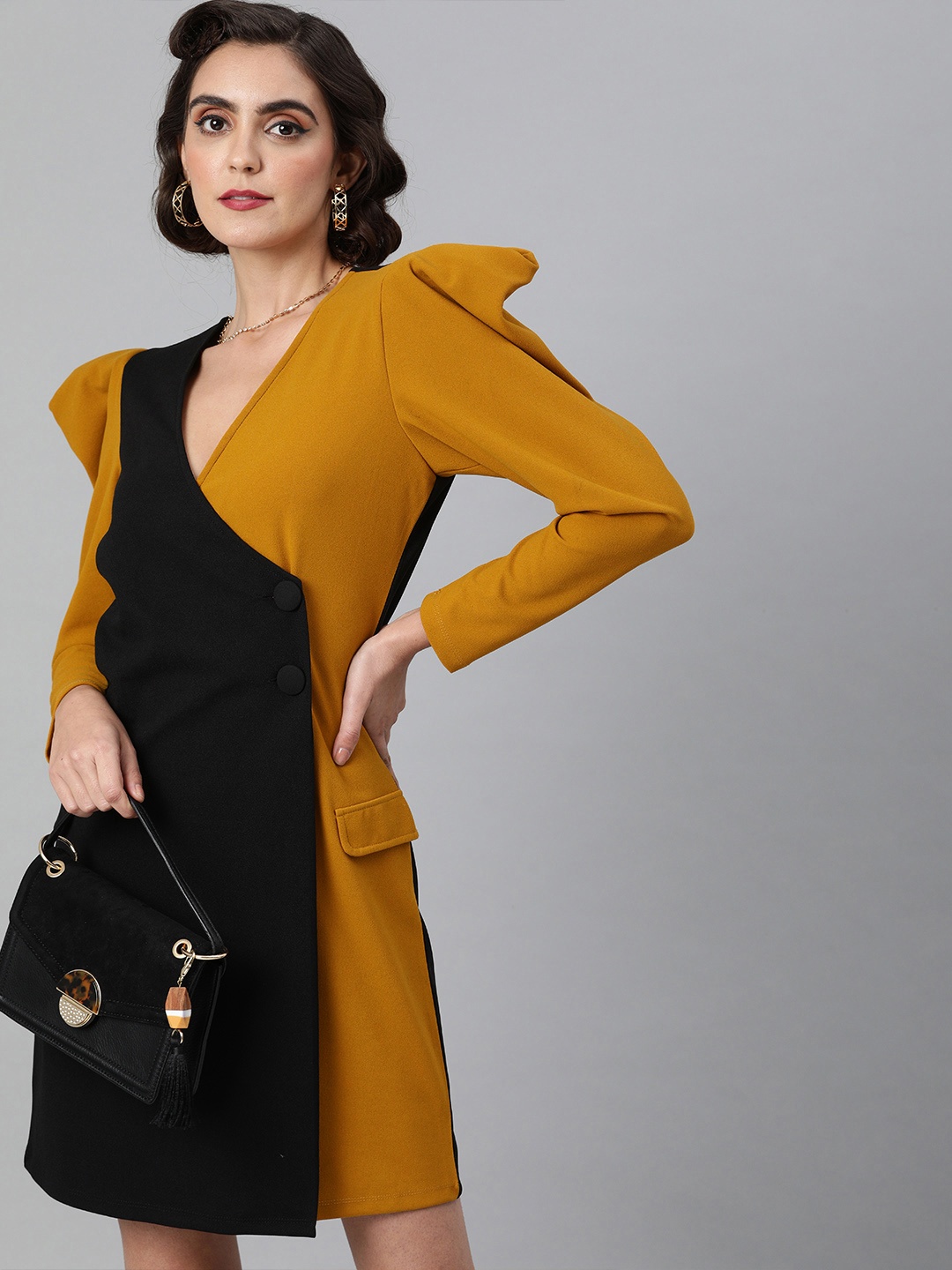 

KASSUALLY Women Black & Mustard Yellow Colourblocked Wrap Dress