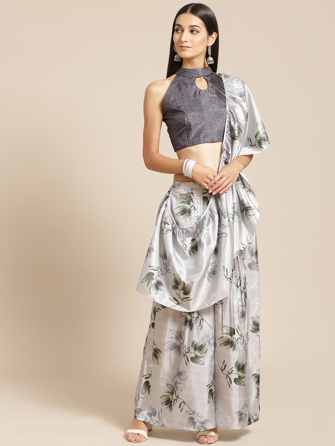 

Mitera Grey & Green Satin Printed Block Print Saree