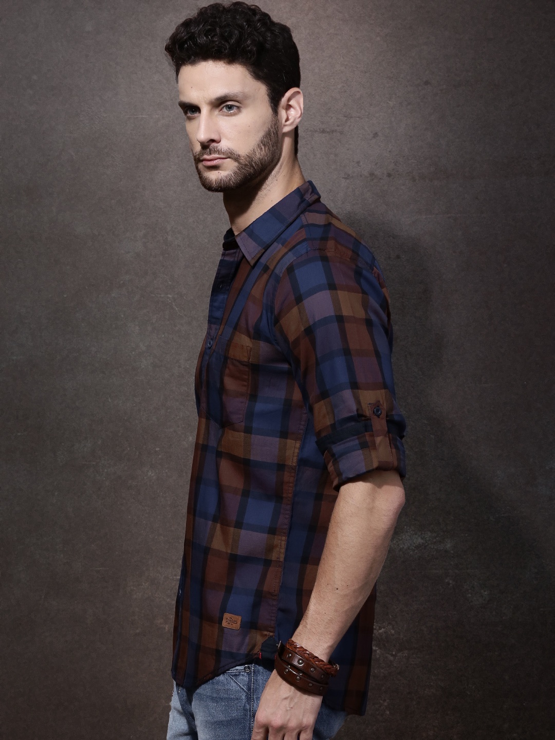 

Roadster Men Navy Blue & Brown Checked Sustainable Casual Shirt