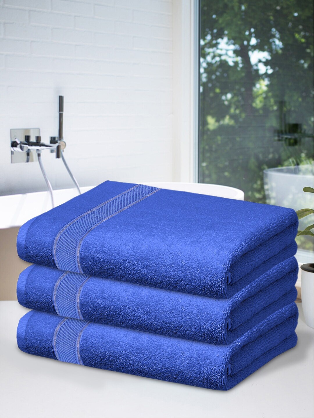 

Kuber Industries Set Of 3 Blue Solid 500 GSM Bath Towels