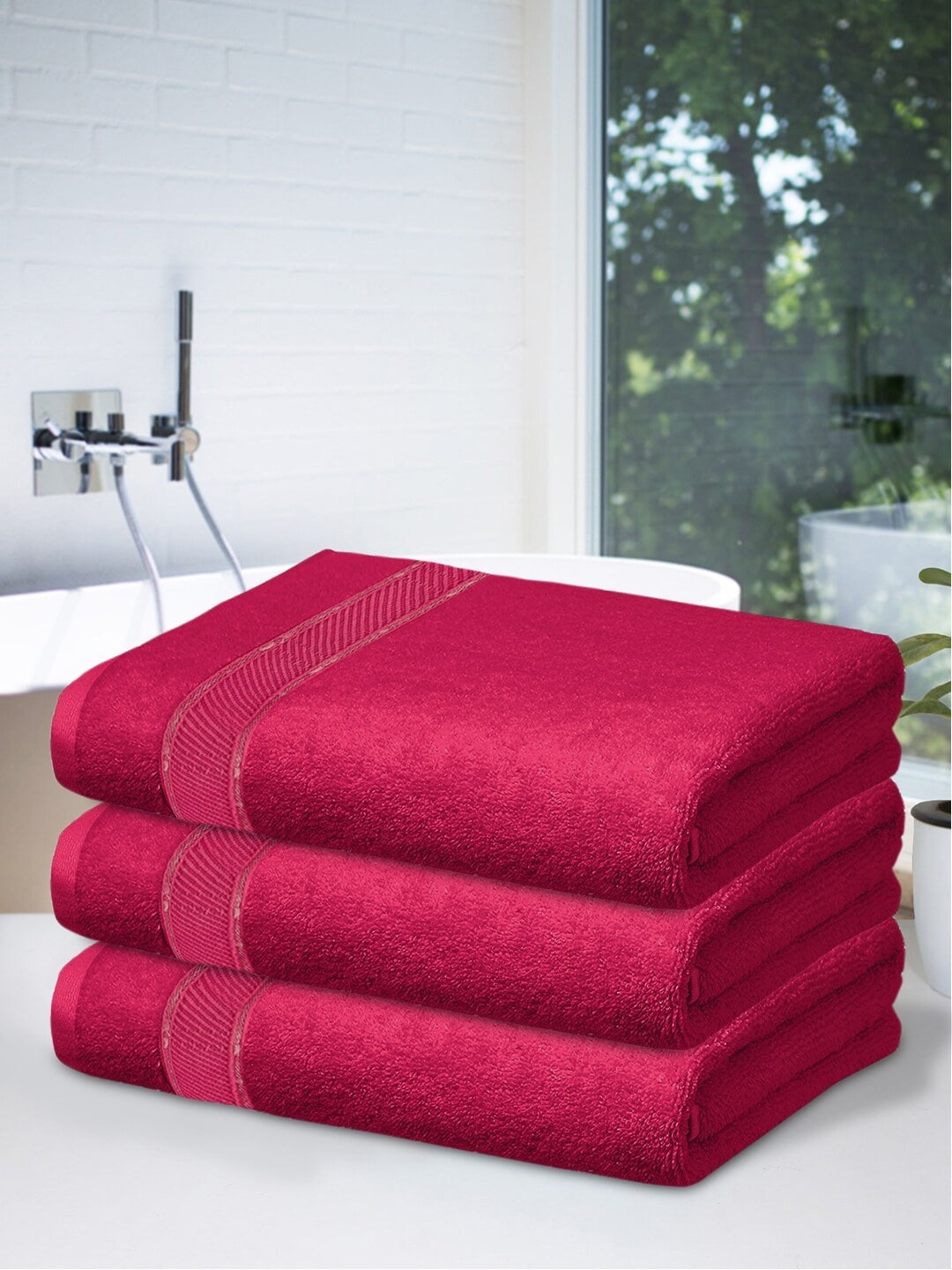 

Kuber Industries Set Of 3 Maroon Solid 500 GSM Bath Towels