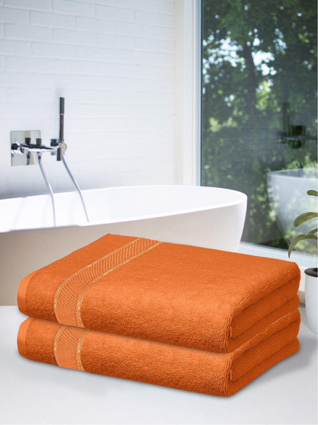 

Kuber Industries Set Of 2 Orange Solid 500 GSM Bath Towels