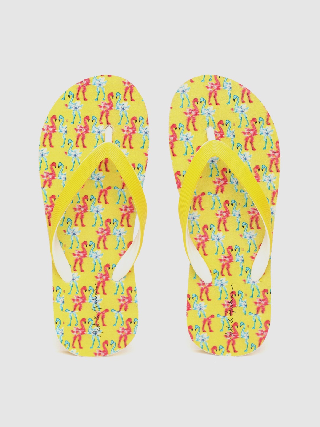 

Mast & Harbour Women Yellow & Pink Flamingo Print Thong Flip-Flops