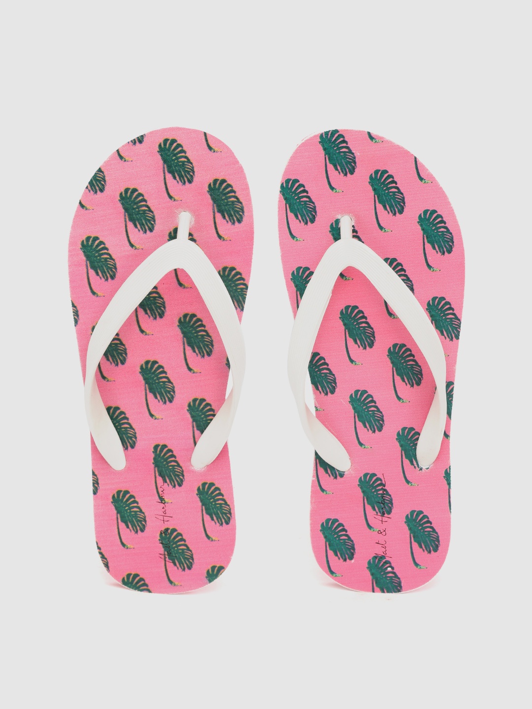 

Mast & Harbour Women White & Pink Tropical Leaf Print Thong Flip-Flops