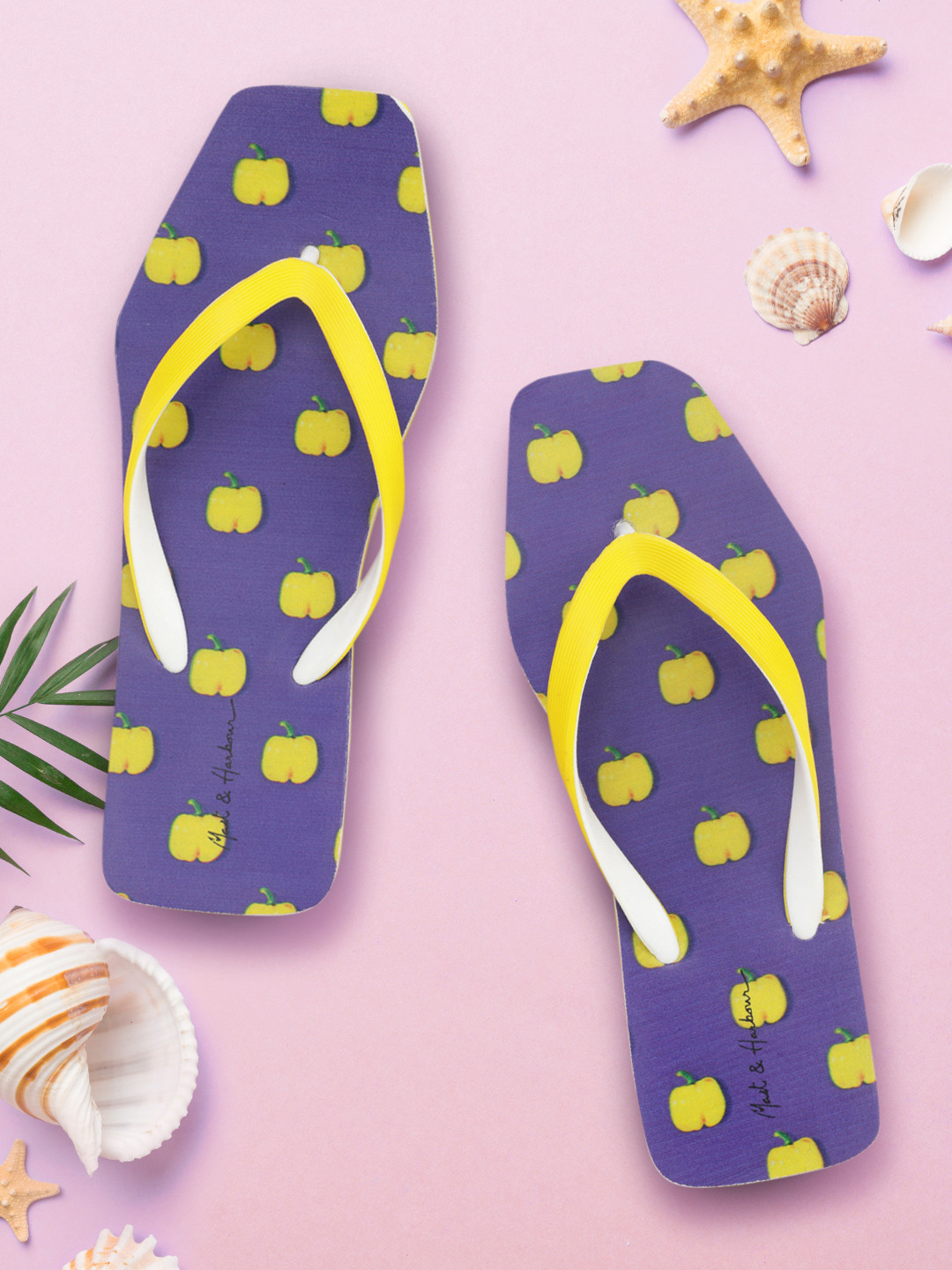 

Mast & Harbour Women Yellow & Purple Printed Thong Flip-Flops