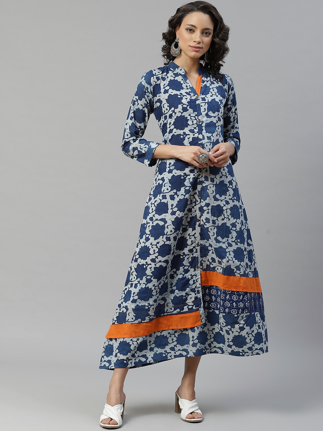 

Chhabra 555 Women Blue & White Cotton Discharge Block Print Made to Measure Maxi Dress