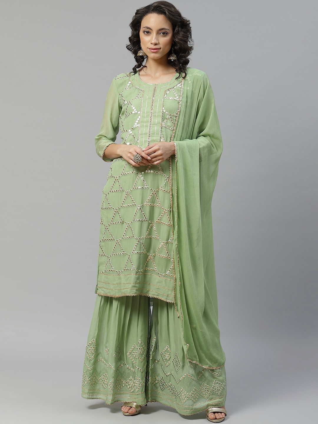 

Chhabra 555 Women Green & Golden Embroidered Made To Measure Kurta with Sharara & Dupatta