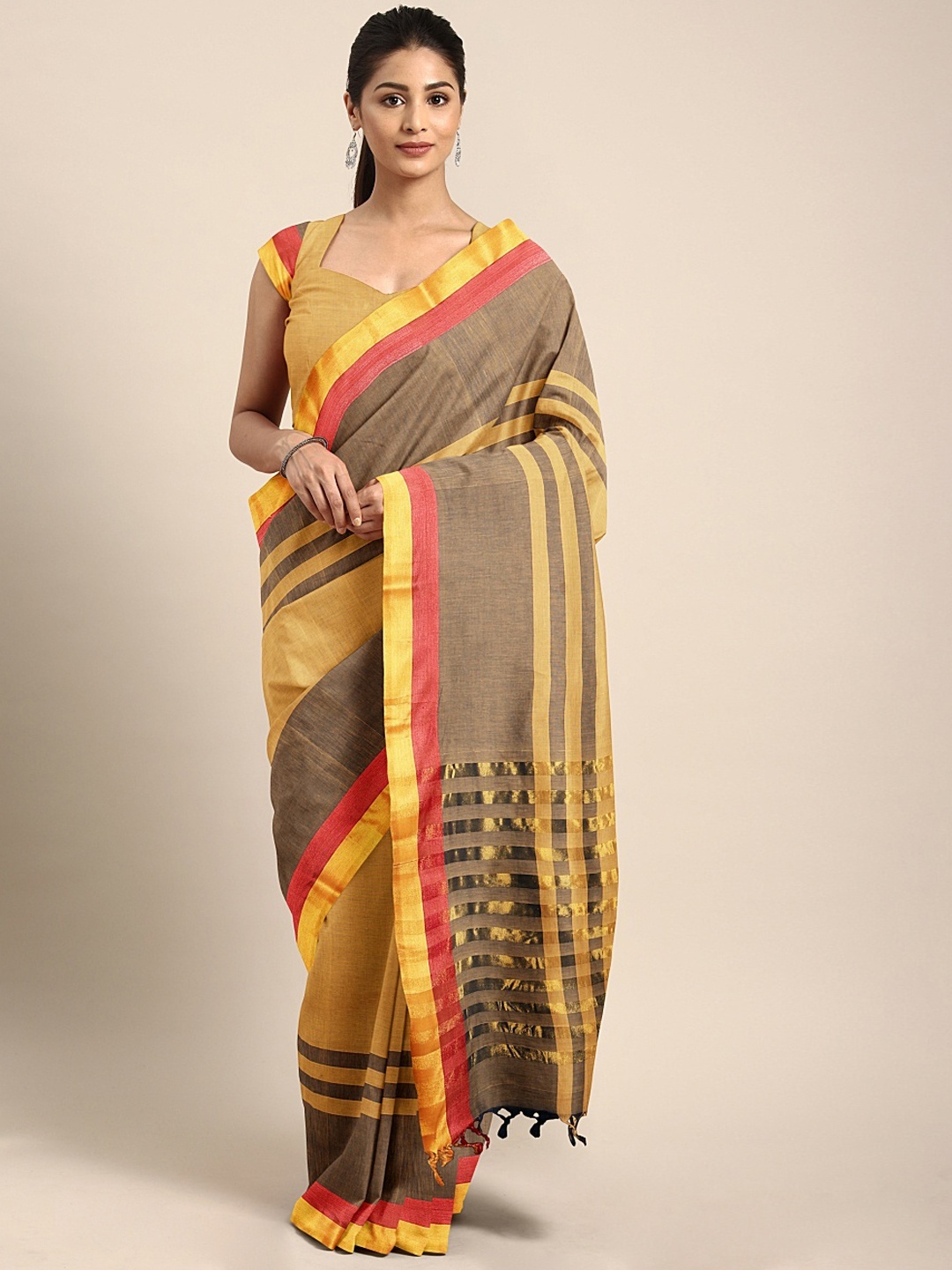 

aamna Mustard Yellow & Grey Pure Cotton Striped Mangalagiri Saree