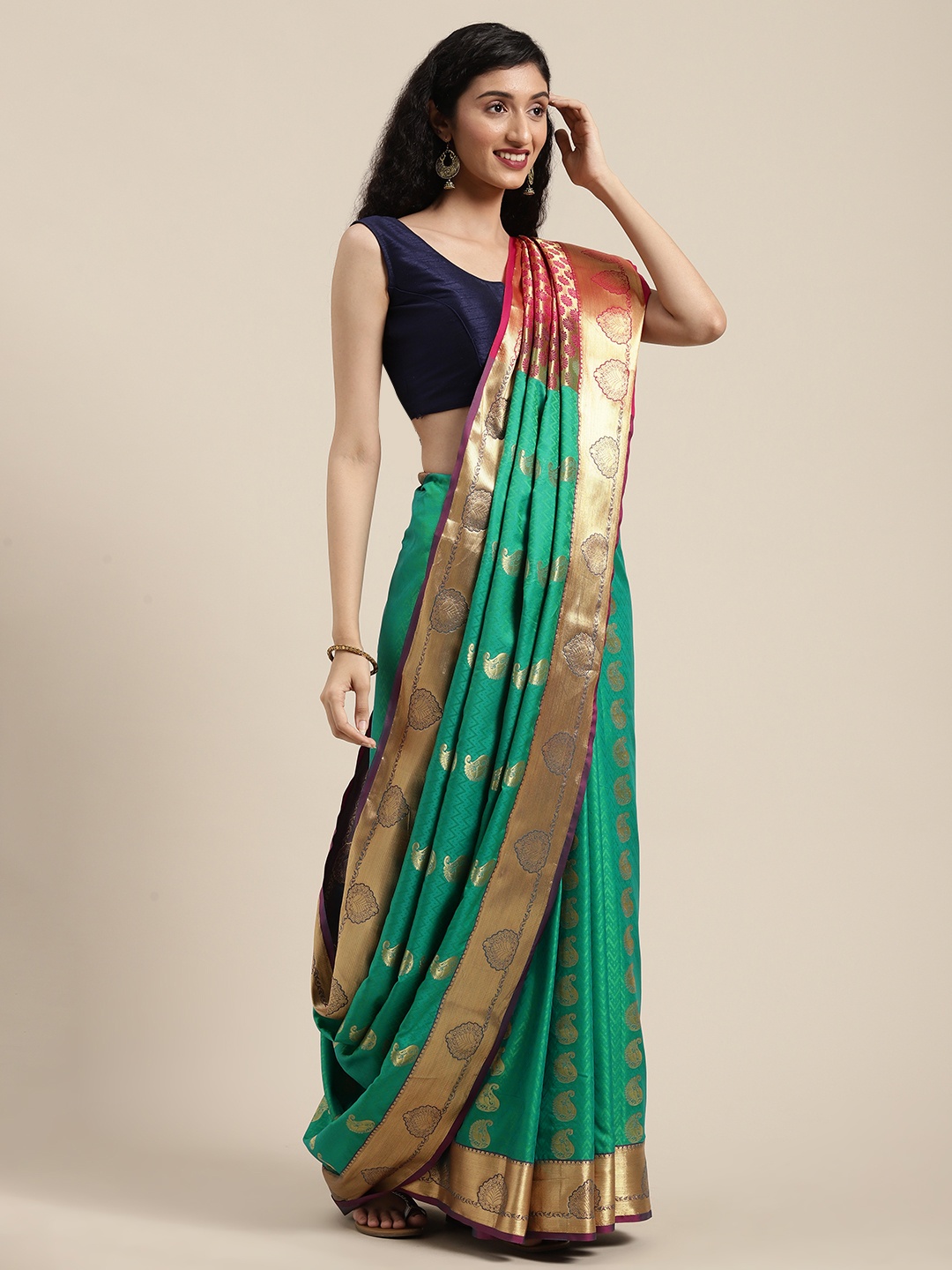 

Mitera Green & Pink Woven Design Kanjeevaram Saree