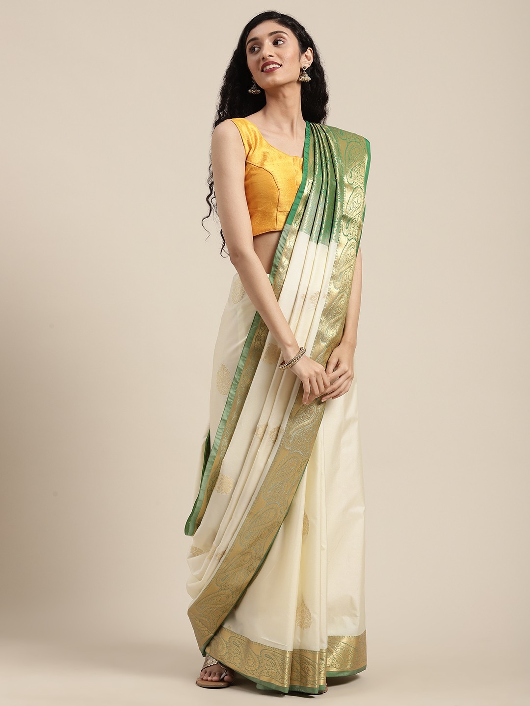 

Mitera Off-White & Green Art Silk Woven Design Kanjeevaram Saree